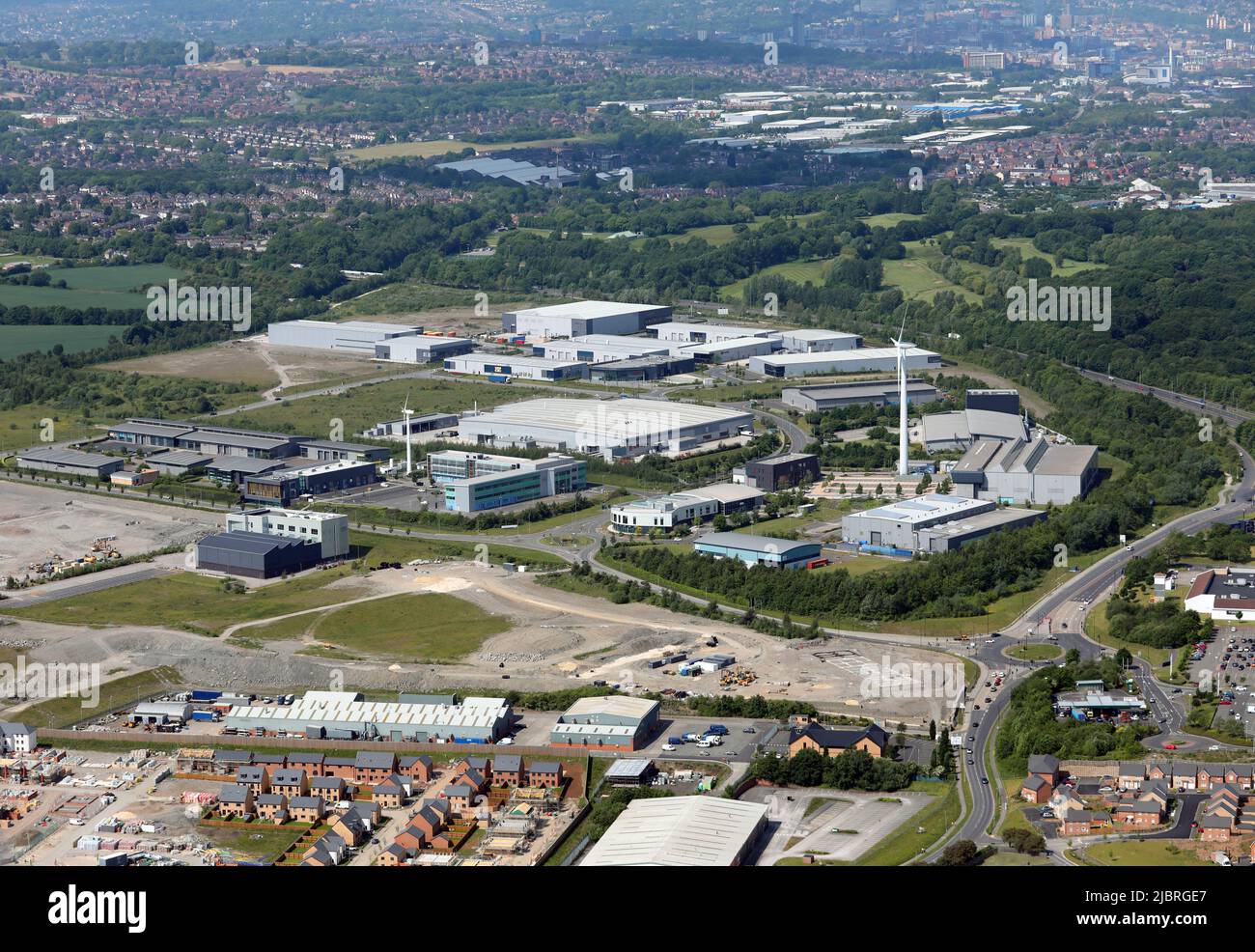 Vista aérea del parque Advanced Manufacturing Park (AMP), parque de negocios en Catcliffe, cerca de Rotherham & Sheffield Foto de stock