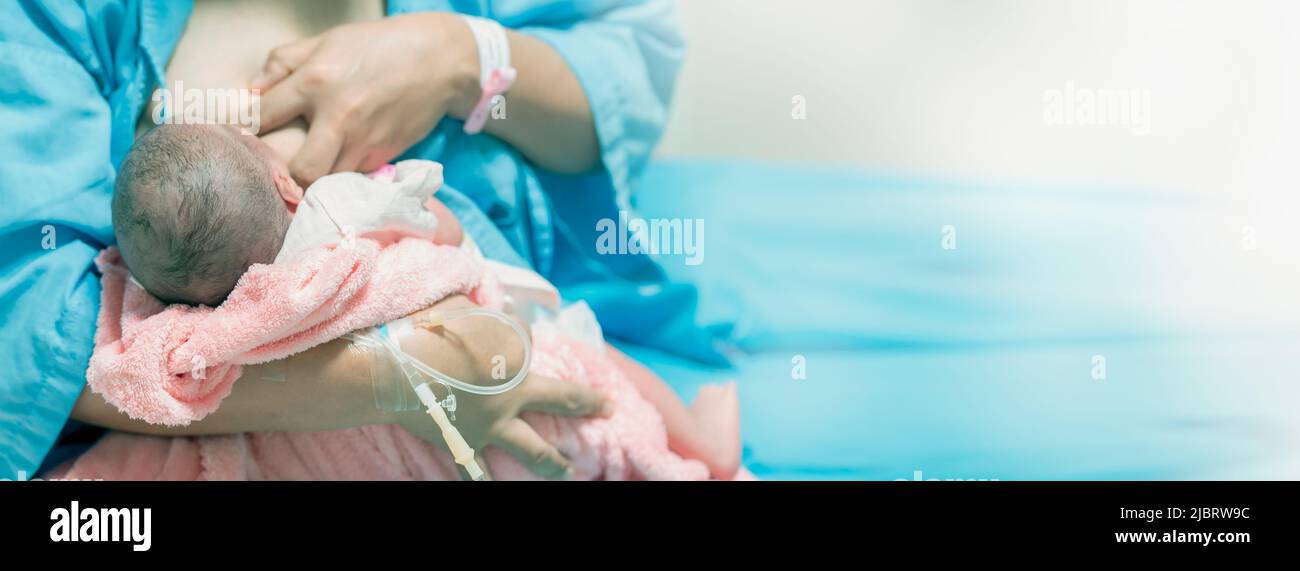 Calostro Primera leche materna después de la birt, recién nacido Lactancia desde la primera hora de nacimiento , enfermería en el hospital Foto de stock
