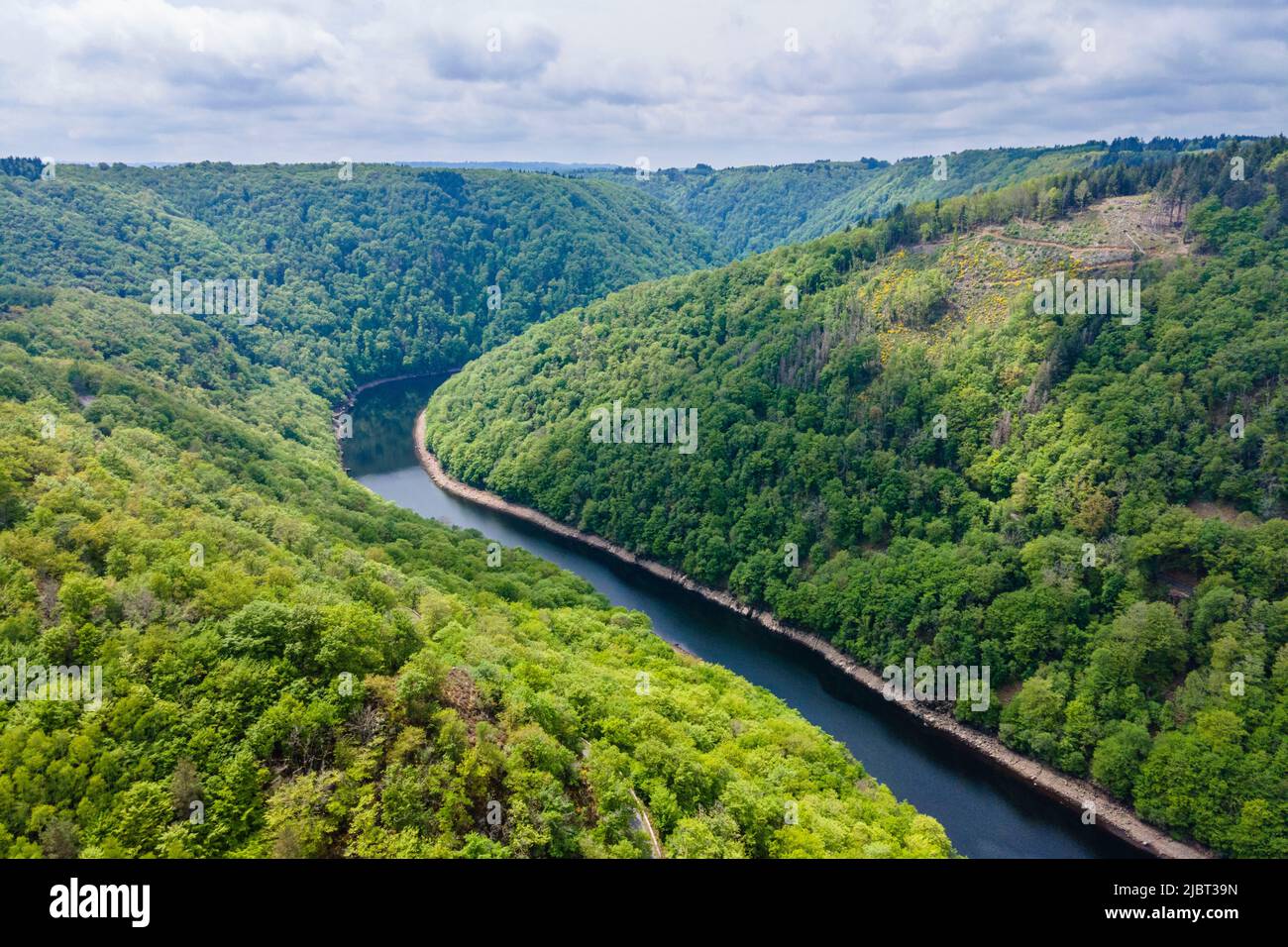 Francia, Cantal y Corrèze, Champagnac, el valle del Dordoña en el puente de Vernéjoux, embalse de la presa de Aigle (vista aérea) Foto de stock