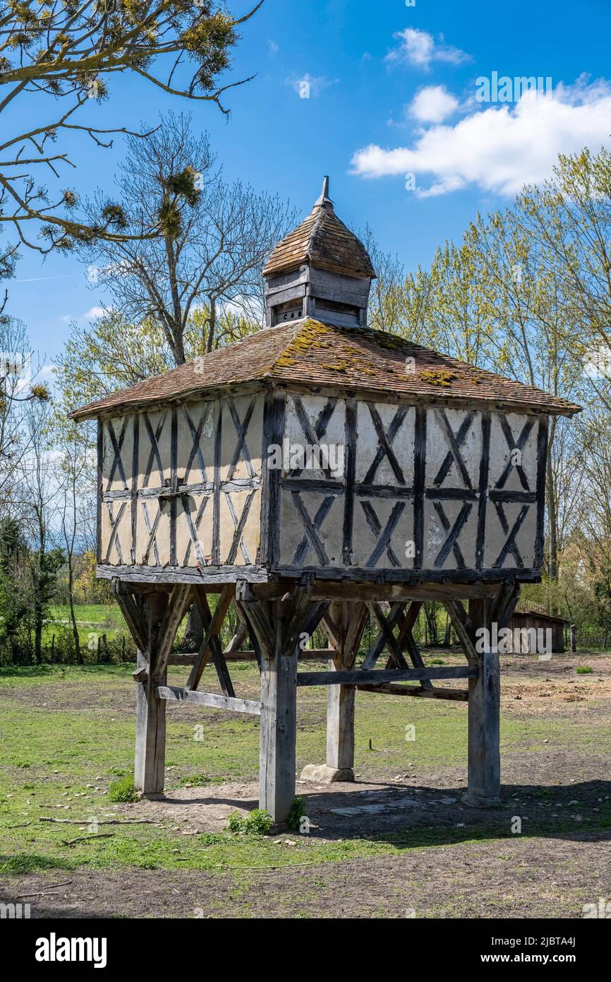 Francia, Puy de Dome, Villeneuve les Cerfs, palomar de madera típica de la llanura de La Limagne de 1472 Foto de stock