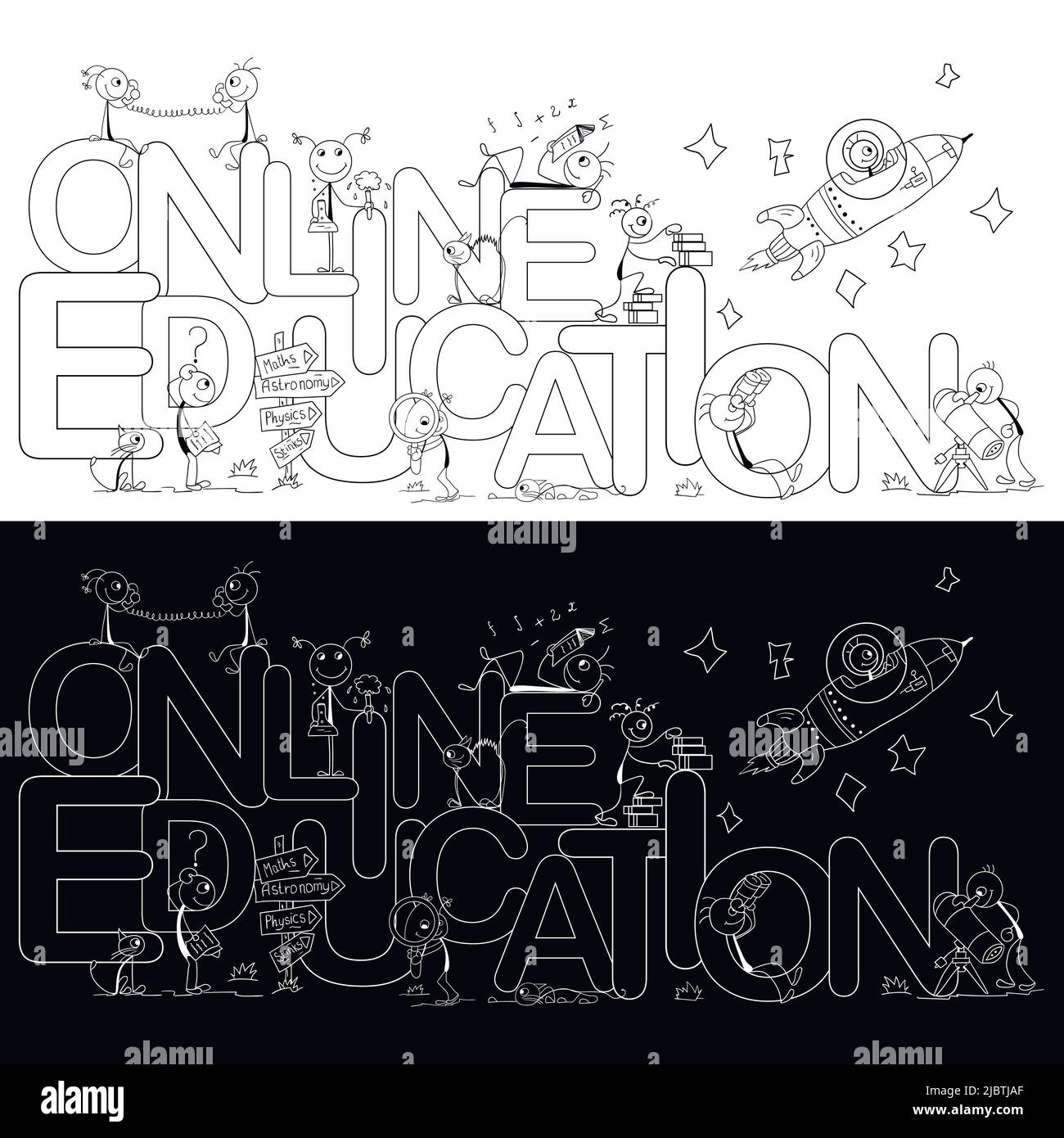 Educación en línea. Ilustración en blanco y negro para la educación con hombres pequeños en diferentes campos de estudio. Adecuado para crear fondos. Ilustración del Vector