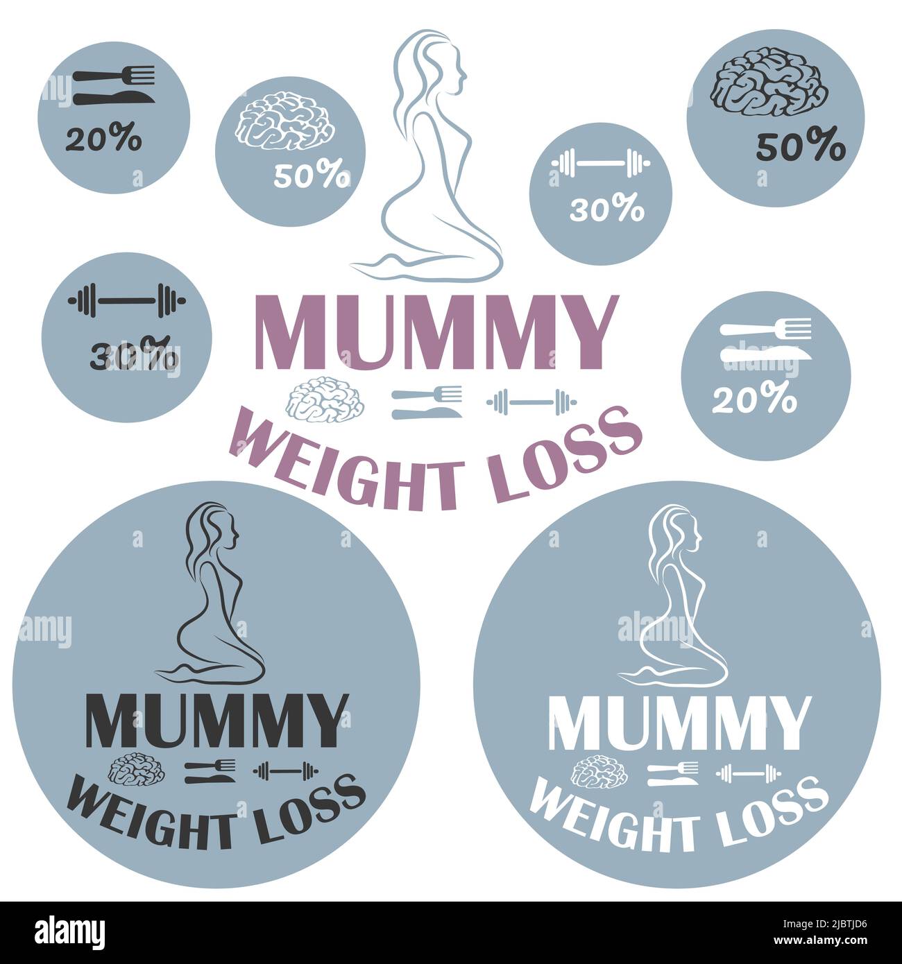 Pérdida de peso de mamá. Un conjunto de iconos para los centros de nutrición adecuados, las secciones de pérdida de peso y los grupos que ofrecen recuperación postparto. Ilustración del Vector