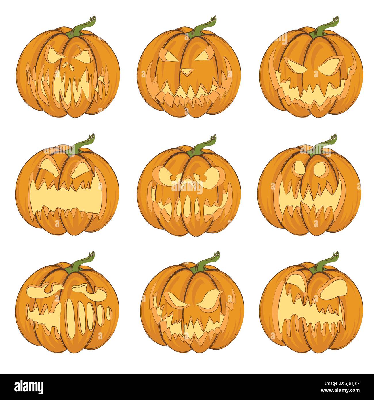 Halloween. Ilustración vectorial de Jack-o'-linterna para tarjetas, banners, pegatinas, volantes. Juego de calabazas coloreadas sobre fondo blanco. Ilustración del Vector