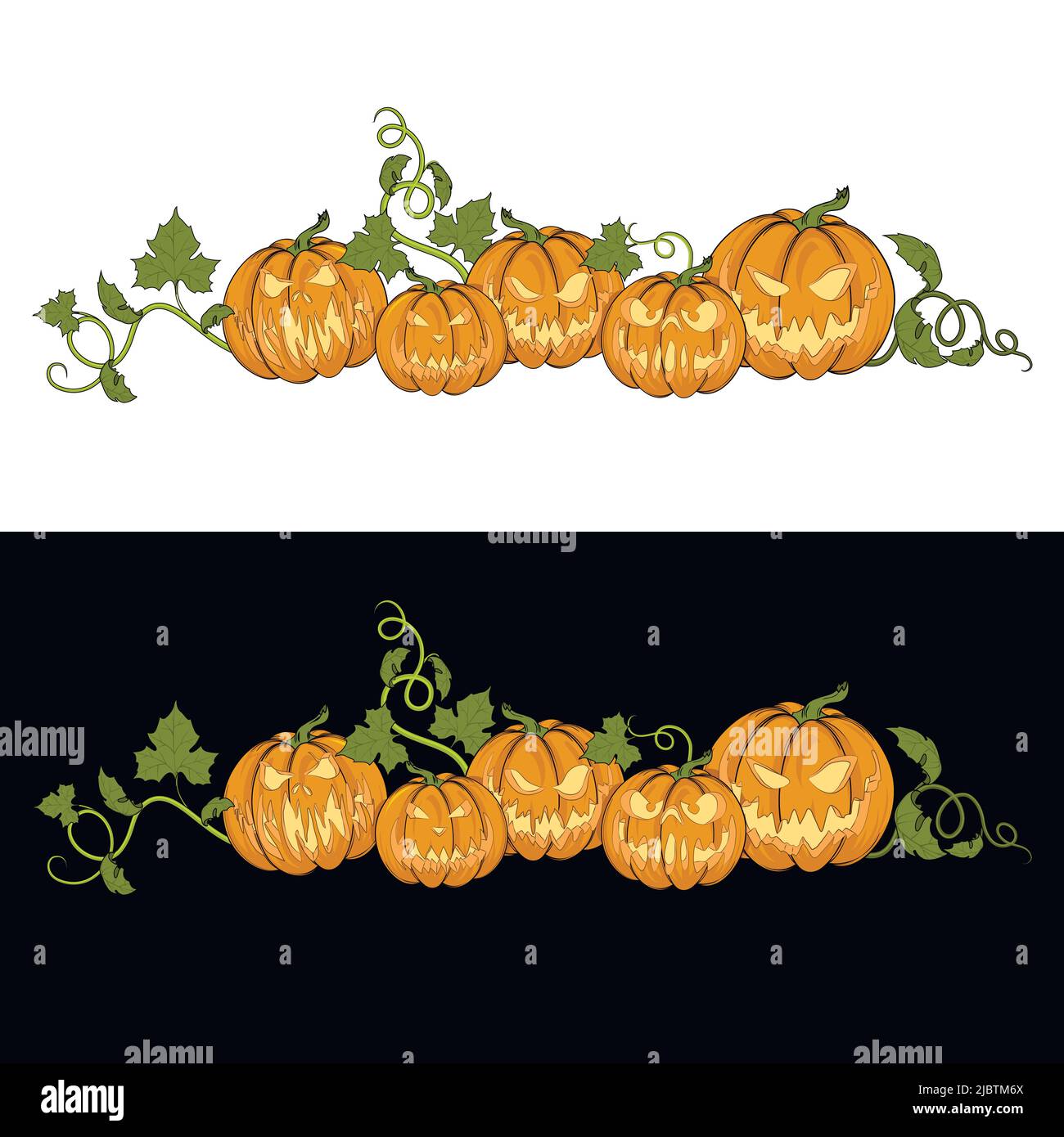 Halloween. Ilustración vectorial de calabazas para tarjetas, banners, pegatinas, volantes. Juego de calabazas coloreadas sobre fondo blanco y negro. Ilustración del Vector