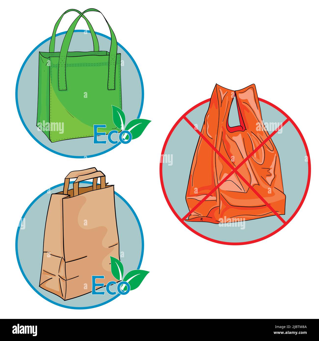 Ilustración de las bolsas ecológicas de la compra frente a las de plástico.  Una bolsa textil, una bolsa de papel y una bolsa de plástico. Iconos para  la selección de materiales de