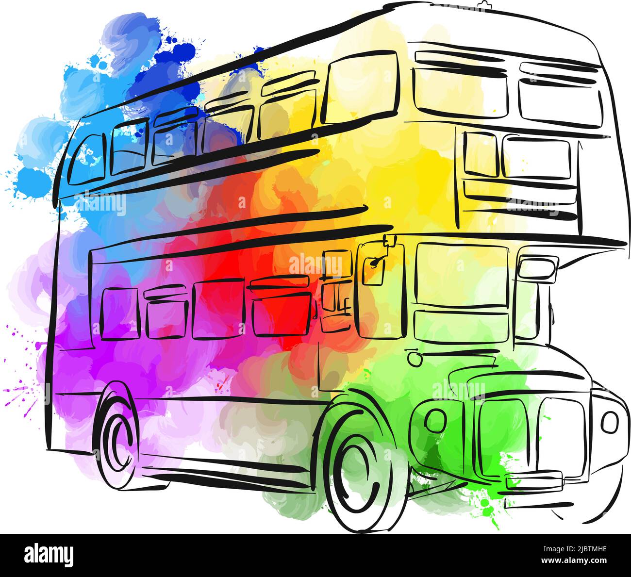 Autobús colorido de Londres. Dibujo real a mano. Signo vectorial colorido. Ilustración del Vector