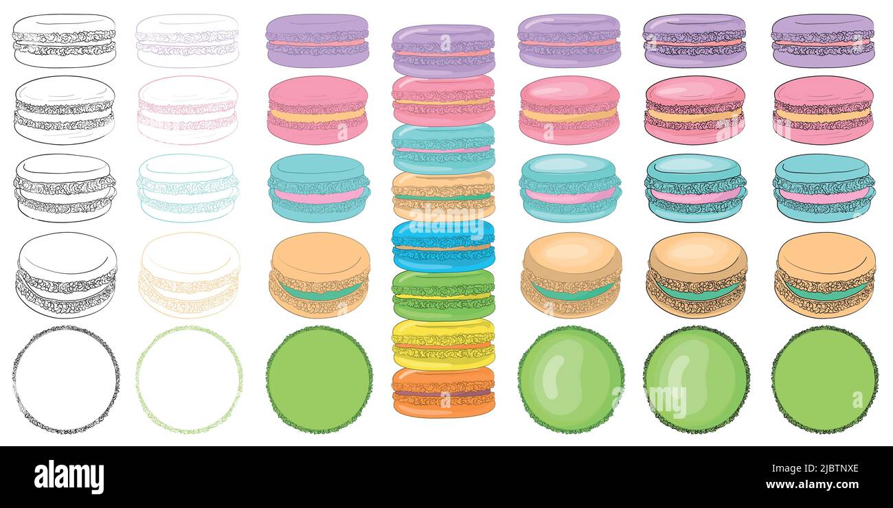 Macaron o macaroon francés. Сakes ilustración set.different tipos de pasteles dulces. Dibujo tradicional francés dulce. Ilustración del Vector