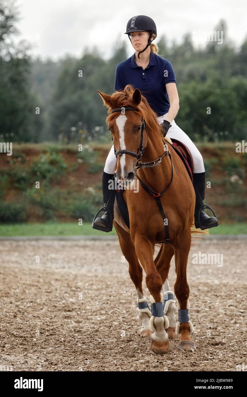 Niña en casco montar a caballo en la competencia ecuestre. Foto de stock