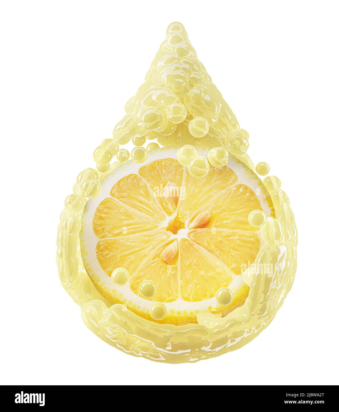 limón en jugo salpicando en forma de gota con el camino de corte sobre un fondo blanco. 3d renderizado. Foto de stock