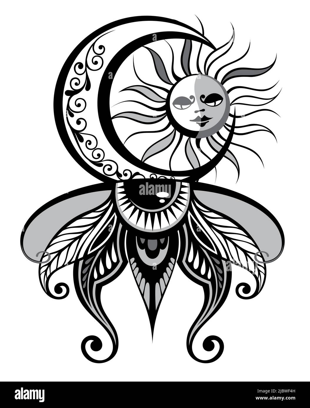 Dibujo a mano bohemio, croquis esotérico, estilización del grabado. Sol y  luna creciente con cara. Diseño para tatuajes, astrología, pegatinas, tarot  Imagen Vector de stock - Alamy