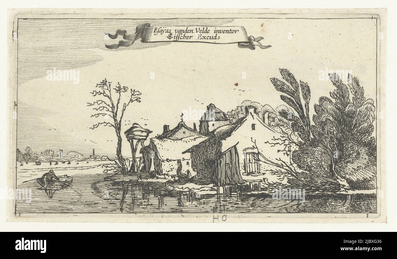 Casa de campo con palomar en un río Paisajes después de Esaias van de Velde  (título de la serie), Esaias van de Velde, (mencionado en el objeto),  imprenta: Anónimo, editor: Claes Jansz.
