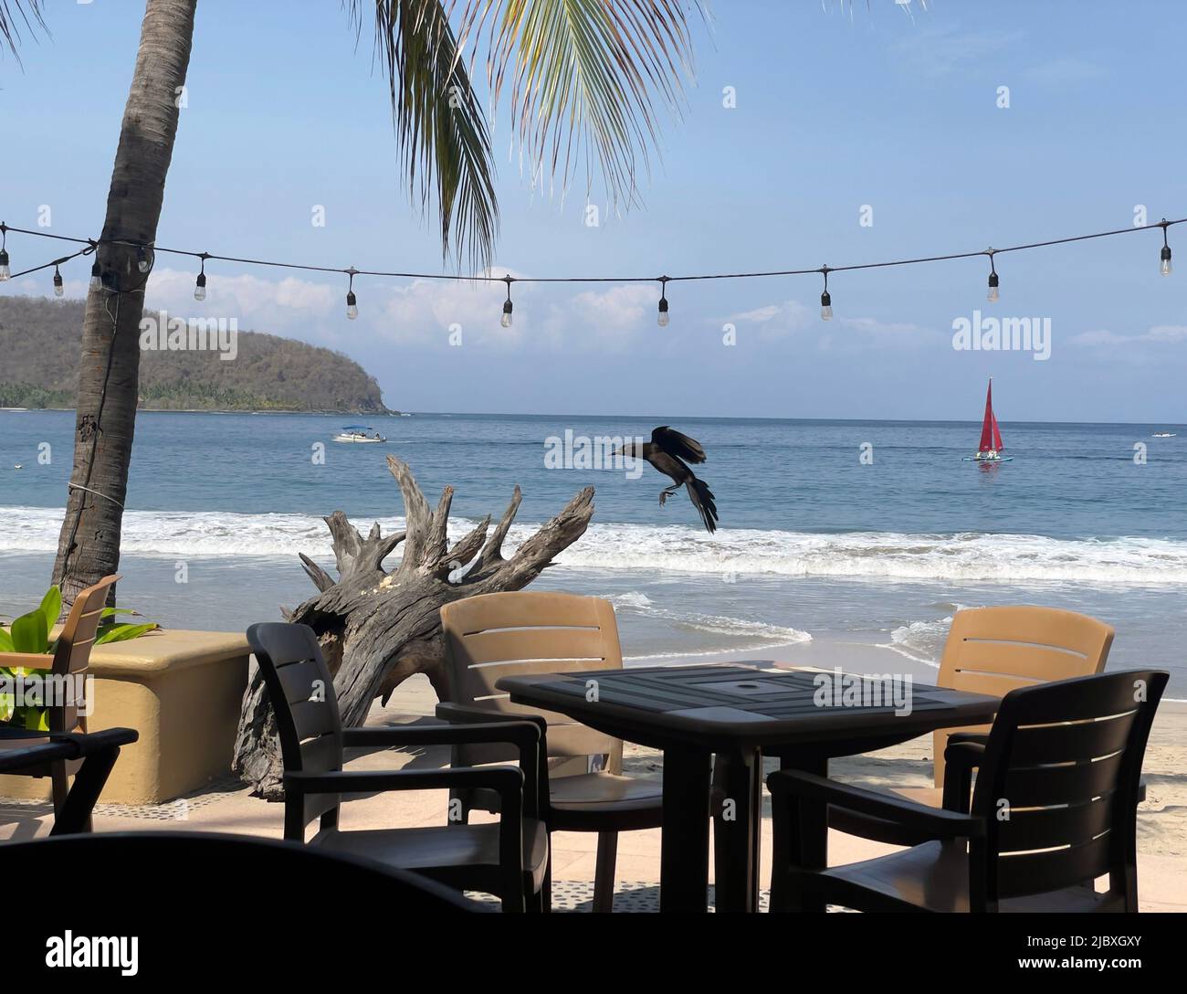 Comer en el restaurante al aire libre en la playa de La Playa Ropa en Zihuatanejo, México Foto de stock