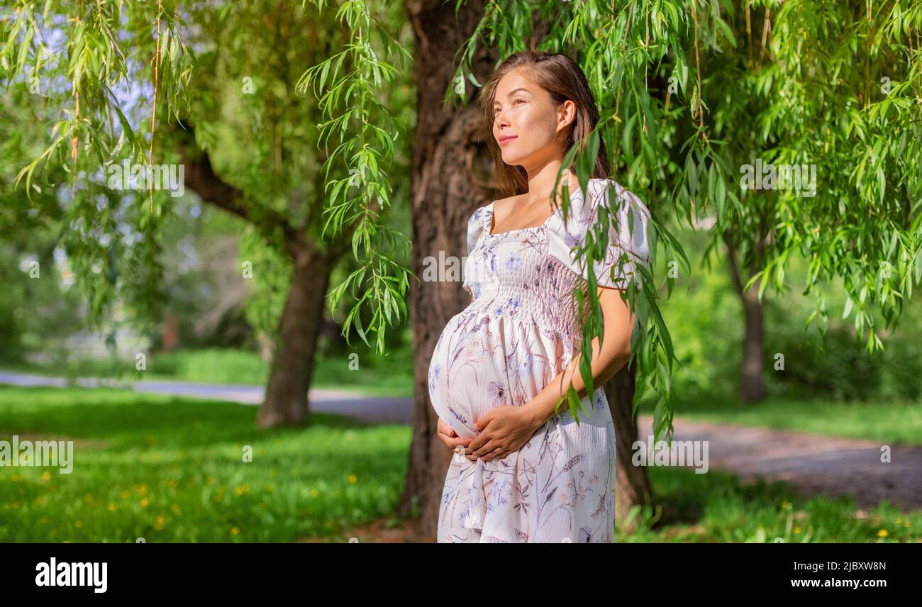 Mujer de belleza asiática embarazada en el parque de verano. Embarazo natural niña con ropa de maternidad en la naturaleza paisaje fondo Foto de stock