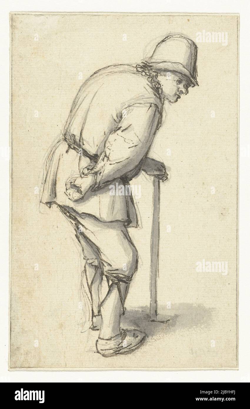 Figura masculina curva sosteniendo un palo, Adriaen van Ostade, 1620 - 1685, Diseño para una impresión., ponente de opinión: Adriaen van Ostade, 1620 - 1685, papel, pluma, cepillo, alt. 122 mm x anch. 78 mm Foto de stock
