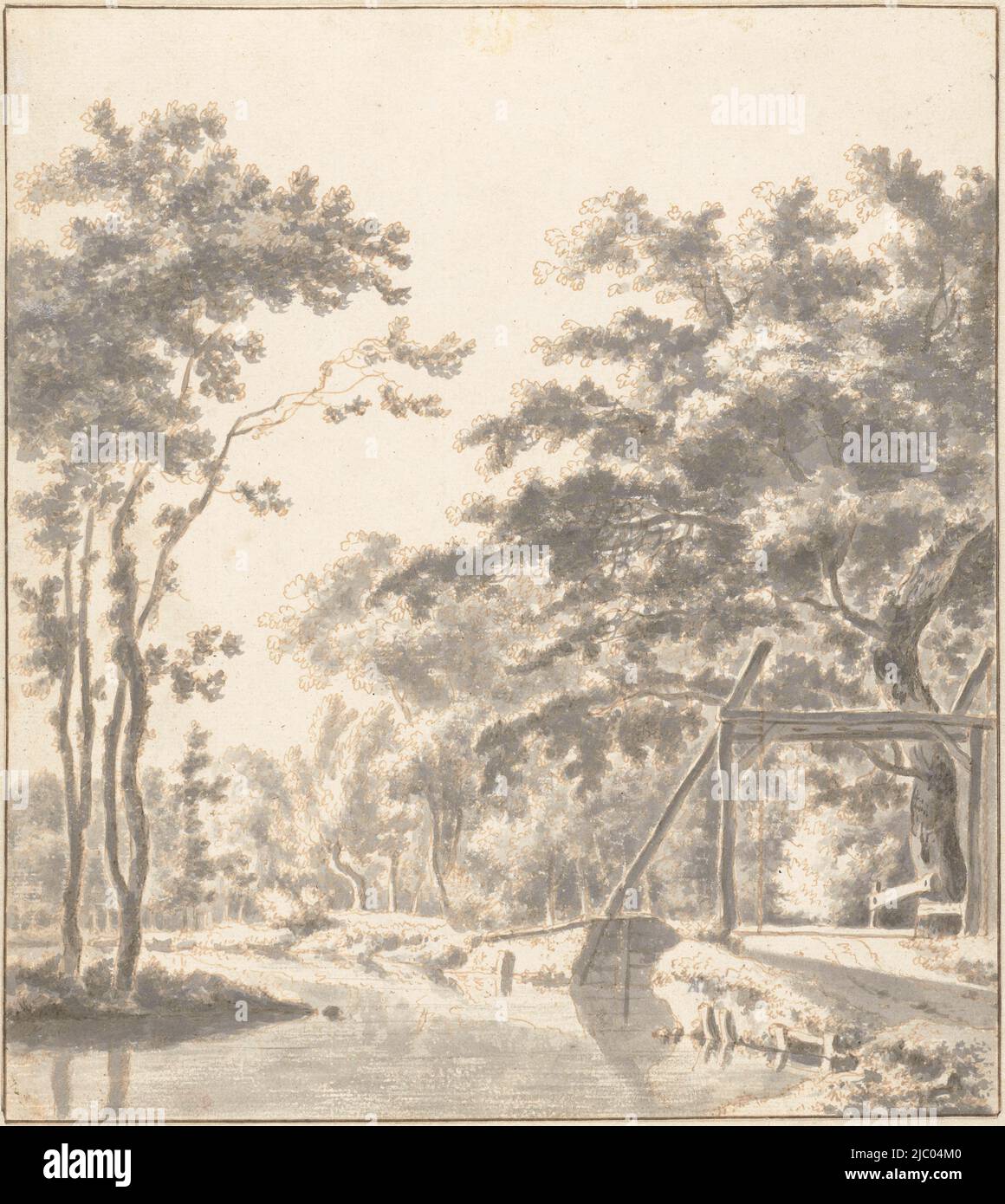 Paisaje holandés arbolado con puente levadizo, Frederik de Moucheron, 1643 - 1686, paisaje holandés arbolado con un camino a lo largo de un agua y un puente levadizo a la derecha., ponente: Frederik de Moucheron, 1643 - 1686, papel, pluma, cepillo, alt. 238 mm x anch. 213 mm Foto de stock