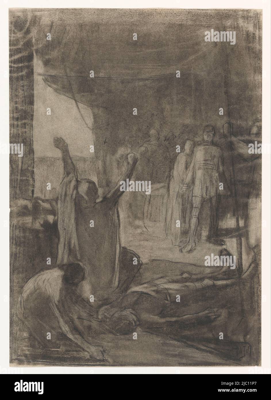 Escenas de la historia antigua: Un viejo se jura venganza contra el cadáver de un hombre caído, ponente: Pieter de Josselin de Jong, 1871 - 1906, papel, h 403 mm x w 284 mm Foto de stock