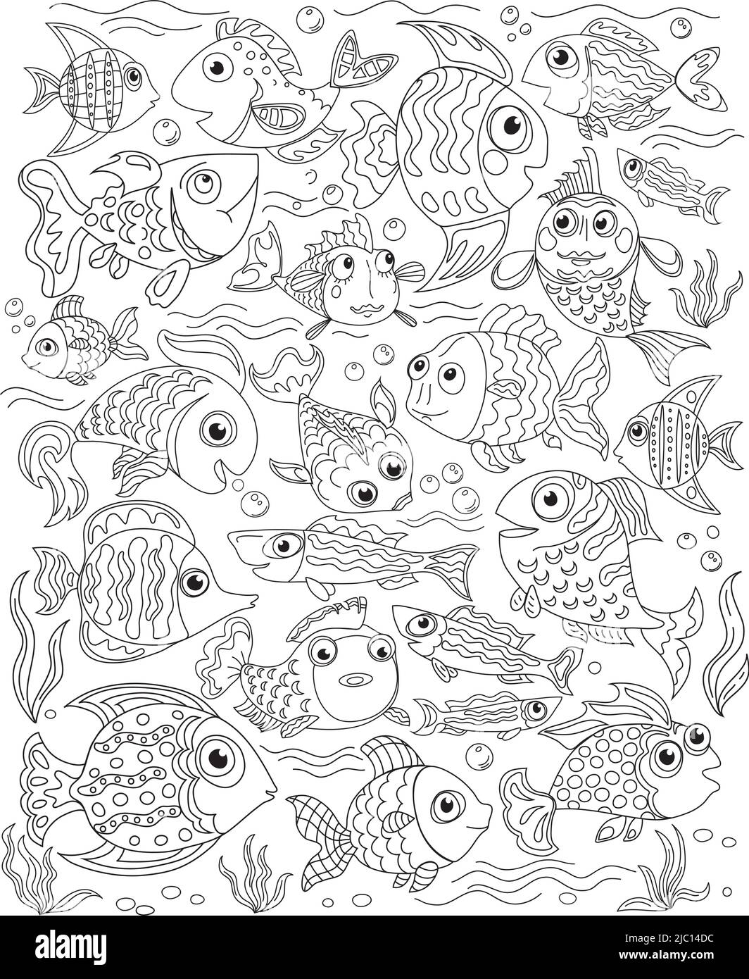 Esbozado doodle anti-estrés para colorear página lindo pescado. Página de libro para colorear para adultos y niños Ilustración del Vector