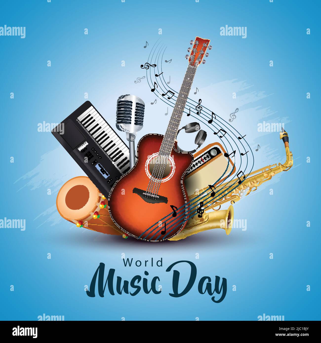 feliz día de la música mundial e instrumentos musicales con fondo azul.  diseño de ilustración vectorial Imagen Vector de stock - Alamy