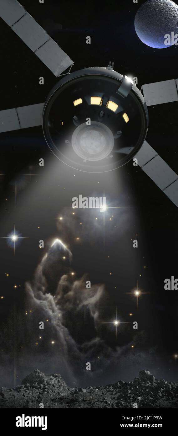 La nave espacial alienígena ilumina el planeta extraterrestre y la galaxia, el collage, elementos de esta imagen, proporcionados por la NASA. Foto de stock