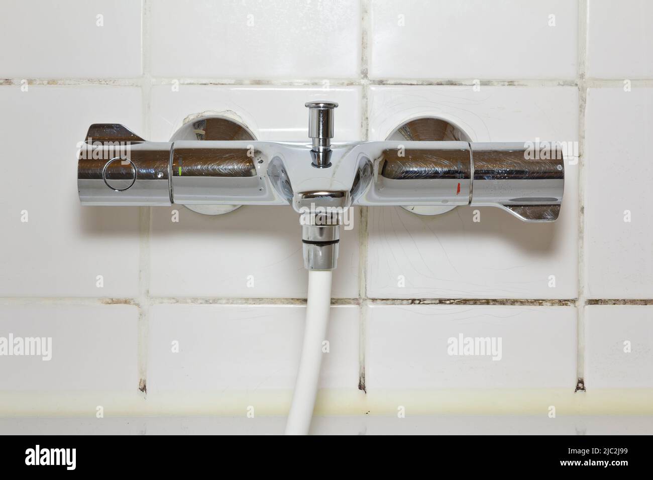 Concepto de daños en el alquiler: Inducido de ducha sobre la bañera con moho negro u hongos creciendo en calcificaciones en la lechada de azulejos. Foto de stock