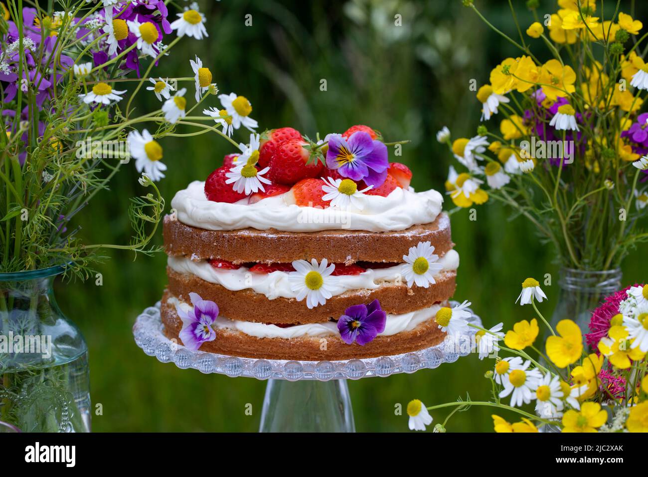 Pastel escandinavo de media fresa y crema de verano Foto de stock