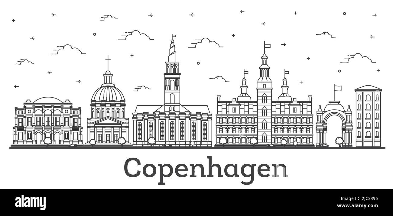 Contorno Copenhague Dinamarca Skyline Ciudad con edificios históricos aislados sobre blanco. Ilustración vectorial. Paisaje urbano de Copenhague con monumentos. Ilustración del Vector