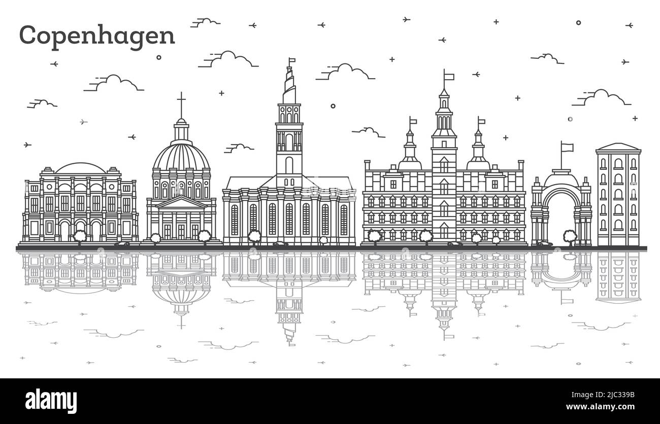 Contorno Copenhague Dinamarca Skyline Ciudad con edificios históricos y reflexiones aisladas sobre blanco. Ilustración vectorial. Paisaje urbano de Copenhague. Ilustración del Vector