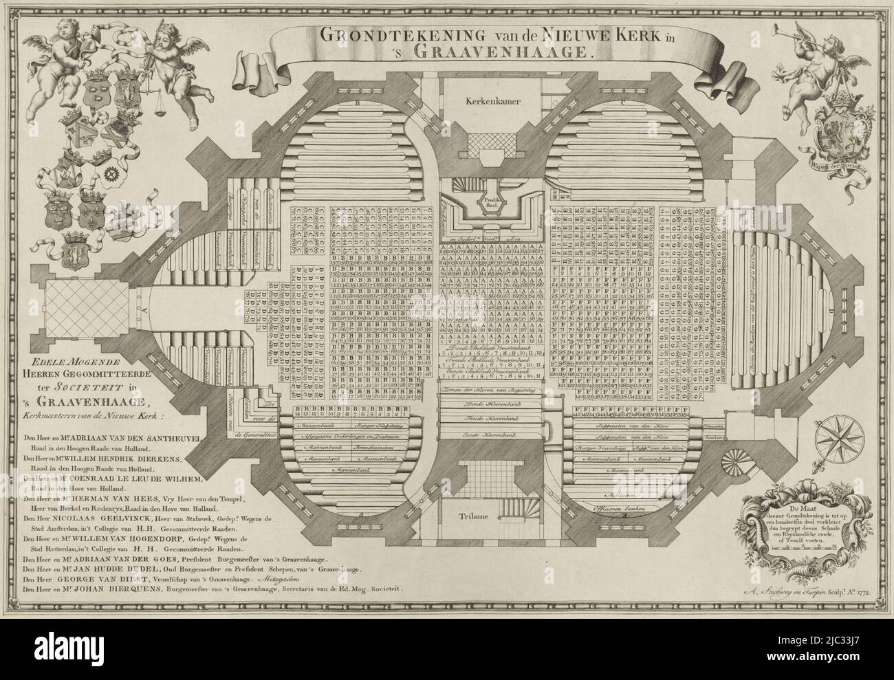 Mapa del Nieuwe Kerk, indicando los asientos y los bancos. Abajo a la izquierda hay una lista de los churchwardens. Arriba izquierda dos putti con sus escudos de brazos. Arriba a la derecha Un putto con trompeta y el escudo de armas de la Sociedad de La Haya, Mapa de la Nieuwe Kerk en La Haya., impresor: Anthony Stechwey, (mencionado en el objeto), impresor: Jacobus Turpin, (mencionado en el objeto), La Haya, 1772, papel, grabado, grabado, al. 362 mm x al. 520 mm Foto de stock