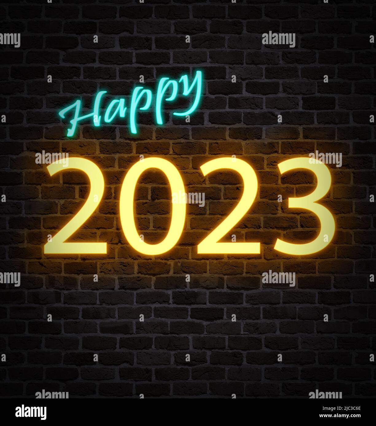 Iluminado 2023 Feliz Año Nuevo signo de neón en la pared de ladrillo Foto de stock