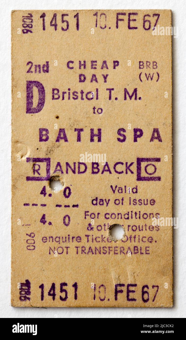 Billete de tren de la Vintage 1960s British Railways - Bristol Temple Meads a Bath Spa Foto de stock