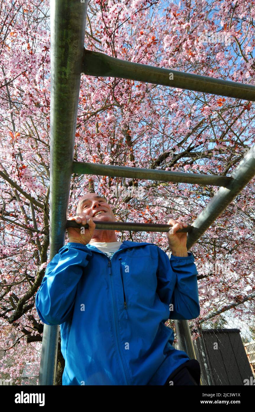 Anciano soltero haciendo ejercicios pull up con cerezo en el fondo, Portland, Oregon. EE.UU Foto de stock