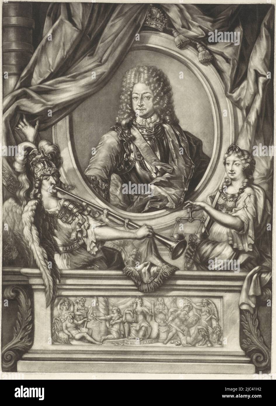 George I, Rey de Gran Bretaña y elector de Hanóver en armadura con cinta de orden. El retrato está enmarcado en un marco de borde ovalado, en el que se encuentra una corona. A la izquierda, la fama soplando una trompeta y a la derecha, Justicia. Debajo de este es un plinto en el que es un alivio y las palabras 'populi salus.', Retrato del rey Jorge I de Gran Bretaña, fabricante de impresión: Arnoud van Halen, (mencionado en el objeto), Amsterdam, 1714 - 1732, papel, alt. 356 mm x anch. 262 mm x alt. 70 mm x anch. 262 mm Foto de stock