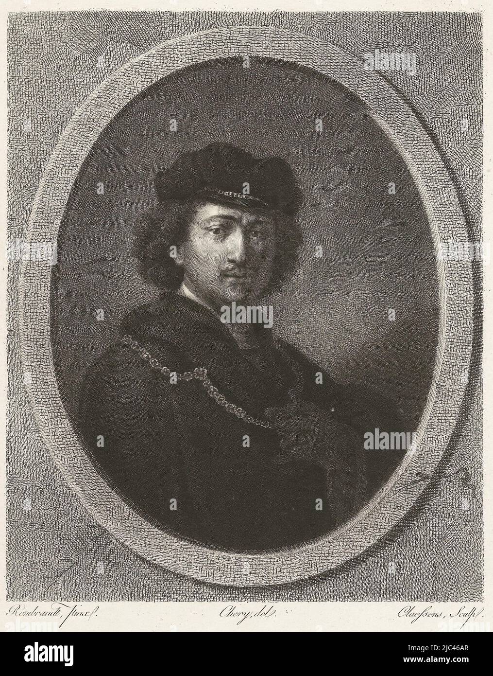 Retrato de un hombre que lleva un sombrero de terciopelo y lleva una cadena. Debajo del retrato: Retrato No. II., Hombre con sombrero y collar, impresor: Lambertus Antonius Claessens, (mencionado en el objeto), después: Rembrandt van Rijn, (mencionado en el objeto), dibujante intermediario: Chery, (mencionado en el objeto), París, c. 1829 - c. 1834, papel, grabado, grabado, al. 428 mm x al. 310 mm Foto de stock