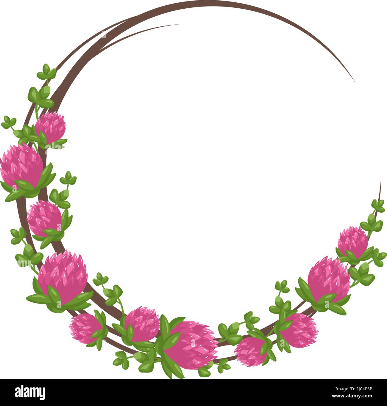 Corona de flores de trébol rosa. Marco redondo, planta bonita brillante con hojas de shamrock. Decoraciones festivas para bodas, fiestas, postales, carteles y diseños. Ilustración de vector plano Imagen Vector de stock - Corona de flores de trébol rosa. Marco redondo, planta bonita brillante con hojas de shamrock. Decoraciones festivas para bodas, fiestas, postales, carteles y diseños. Ilustración de vector plano Imagen Vector de stock -