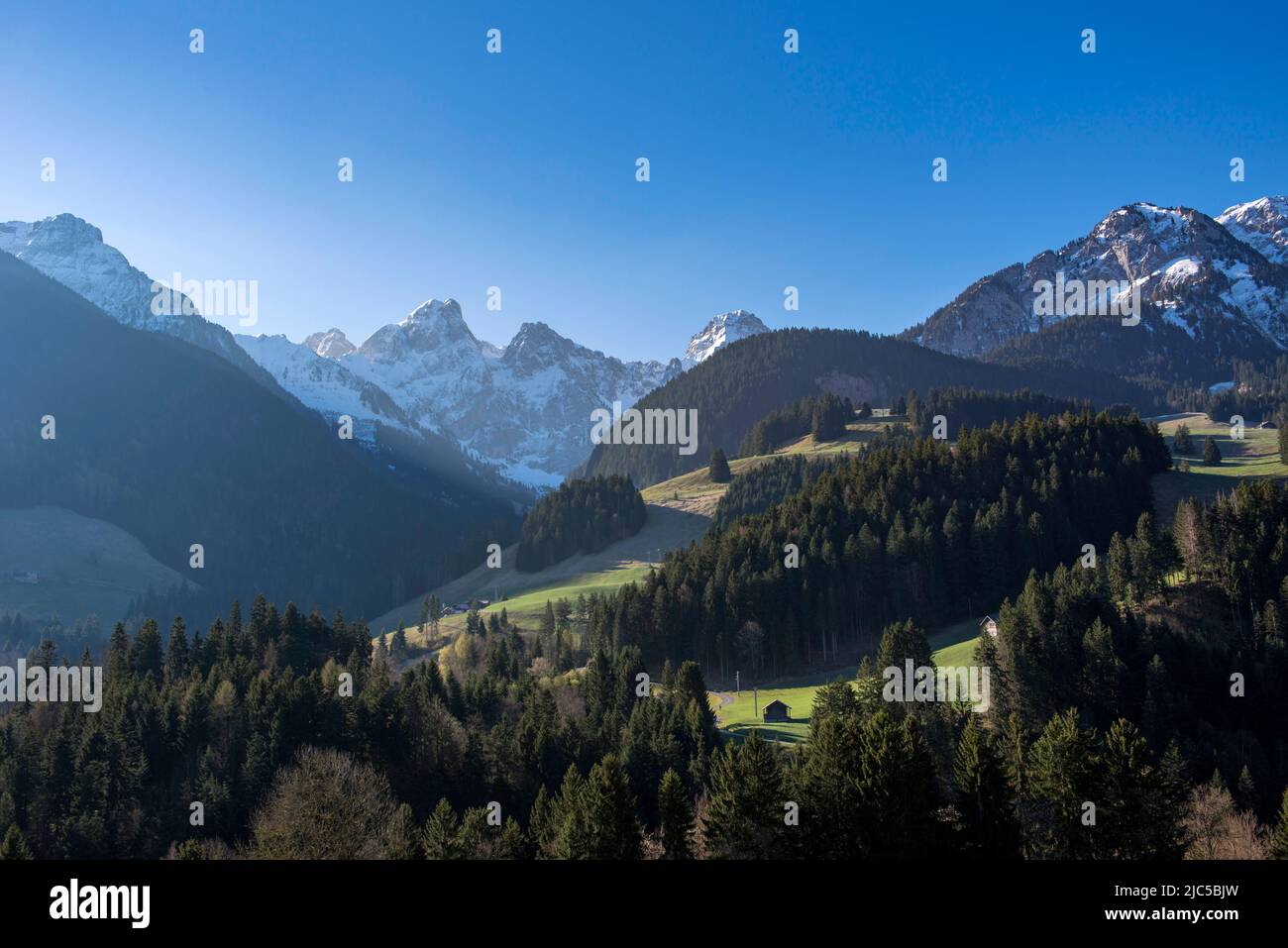 Suisse, Schweiz, Suiza, Vaud, Waadt, Pays-d'Enhaut, montagne, montagnes, Berg, Berge, Montaña, montañas, chalet, chalet, ferme, Granja, Bauernha Foto de stock