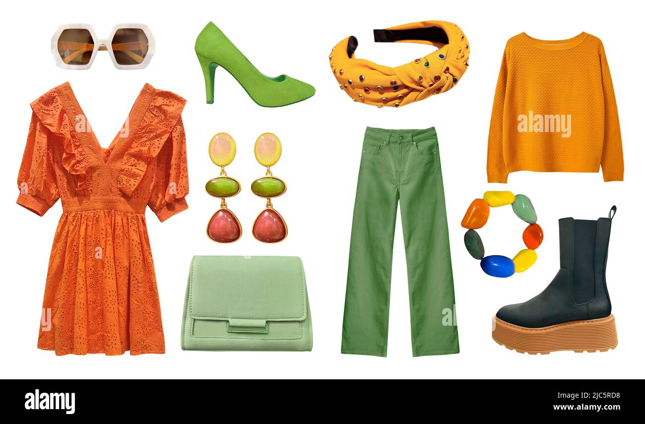 Hermoso conjunto de ropa para mujer aislado en blanco. Collage de ropa  moderna de color naranja verde. Colección de ropa para chicas. Estilo  otoñal Fotografía de stock - Alamy