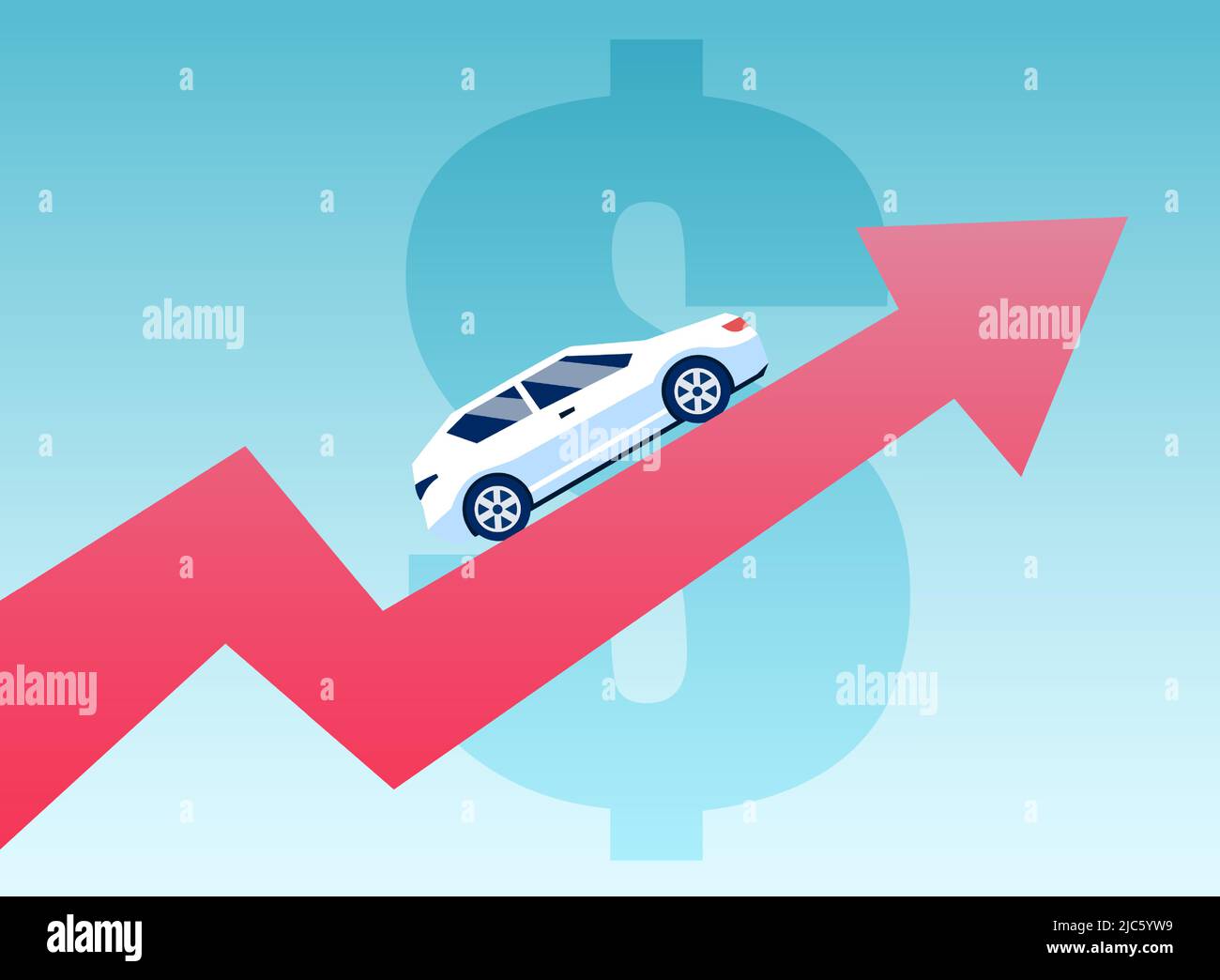 Vector de un coche en una flecha creciente del gráfico financiero con símbolo del dólar en el fondo Ilustración del Vector