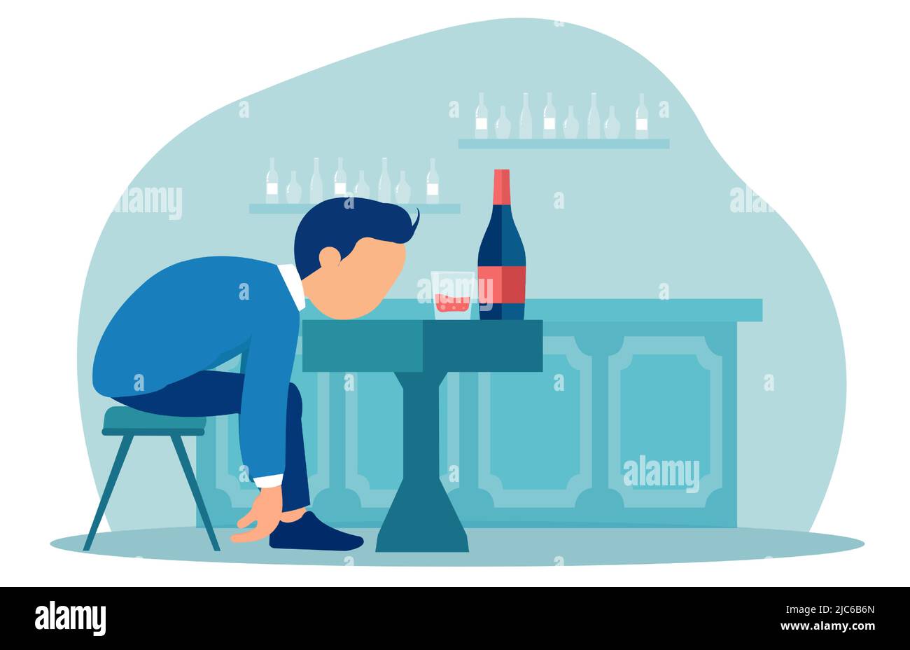 Vector de un joven borracho sentado durmiendo en la mesa con una botella de vino dentro del pub. Ilustración del Vector