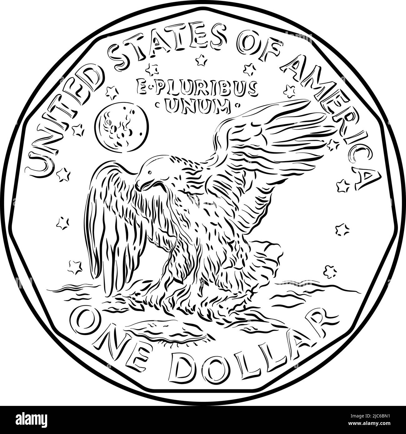Moneda estadounidense Susan B Anthony dólar, una moneda de un dólar con águila agarrando la rama de laurel en el reverso, negro y blanco Ilustración del Vector
