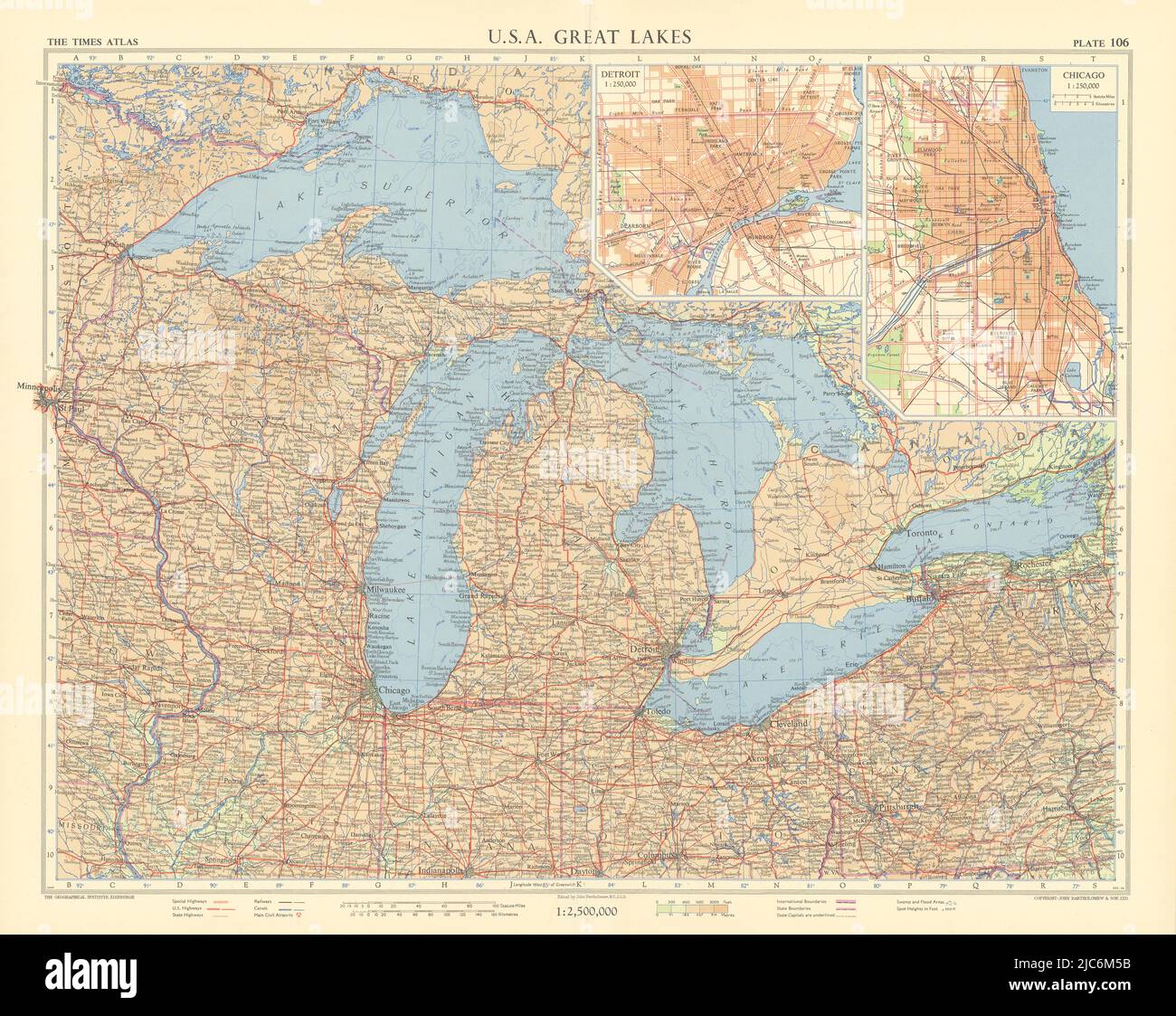 Estados Unidos Grandes Lagos. Planes de Detroit y Chicago. Medio oeste de  EE.UU.. TIMES 1957 mapa antiguo Fotografía de stock - Alamy