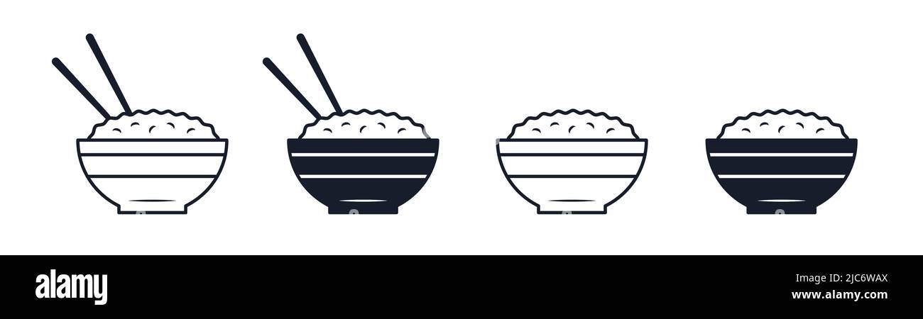 Diferentes cuencos de arroz con palillos comida restaurante símbolos vector ilustración icono conjunto Ilustración del Vector
