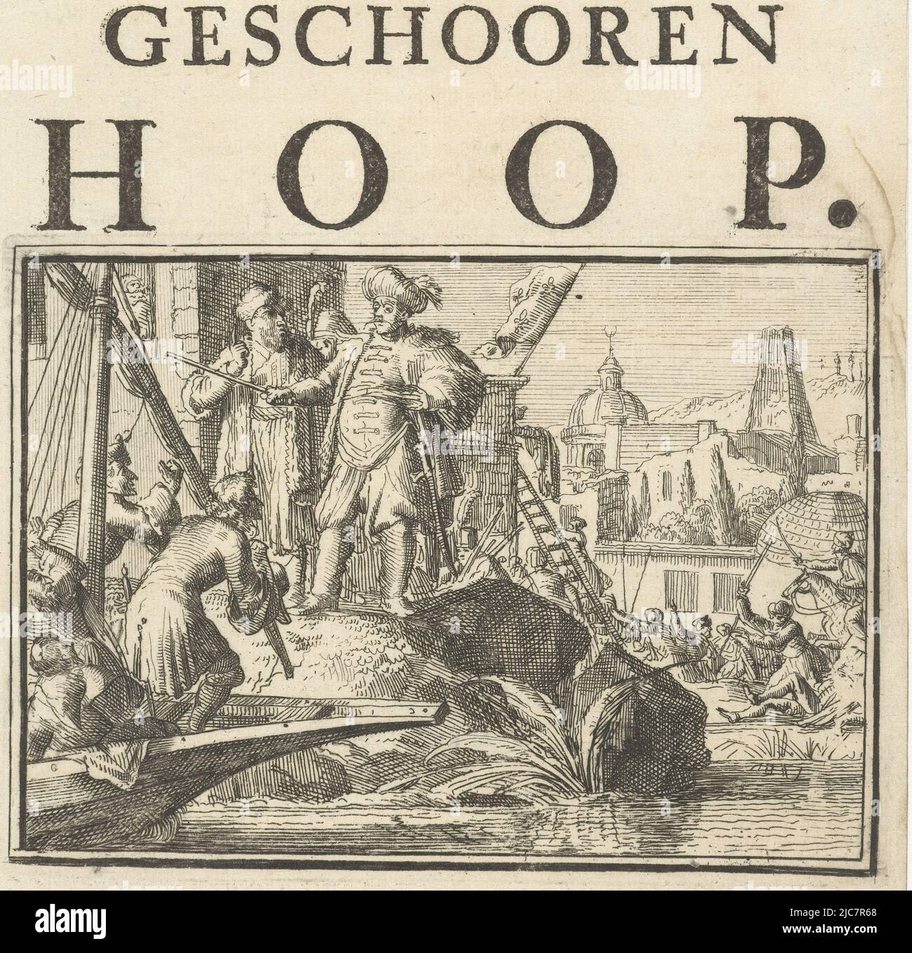 Página de título del folleto: The Shattered Hope, 1702. Llegada de un barco  a una ciudad turca o del norte de África con la bandera francesa volando.  Título del folleto: El Geschooren
