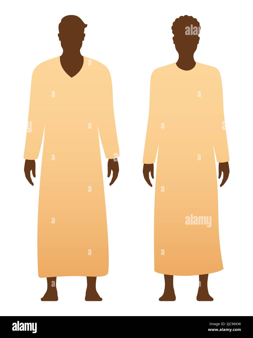 Hombre y mujer en un tradicional thawb musulmán vestidos étnicos, de pie aislados sobre un fondo blanco. Dishdahsa árabe, Kandourah, Jubbah ilustración de vectores de ropa. Ilustración del Vector