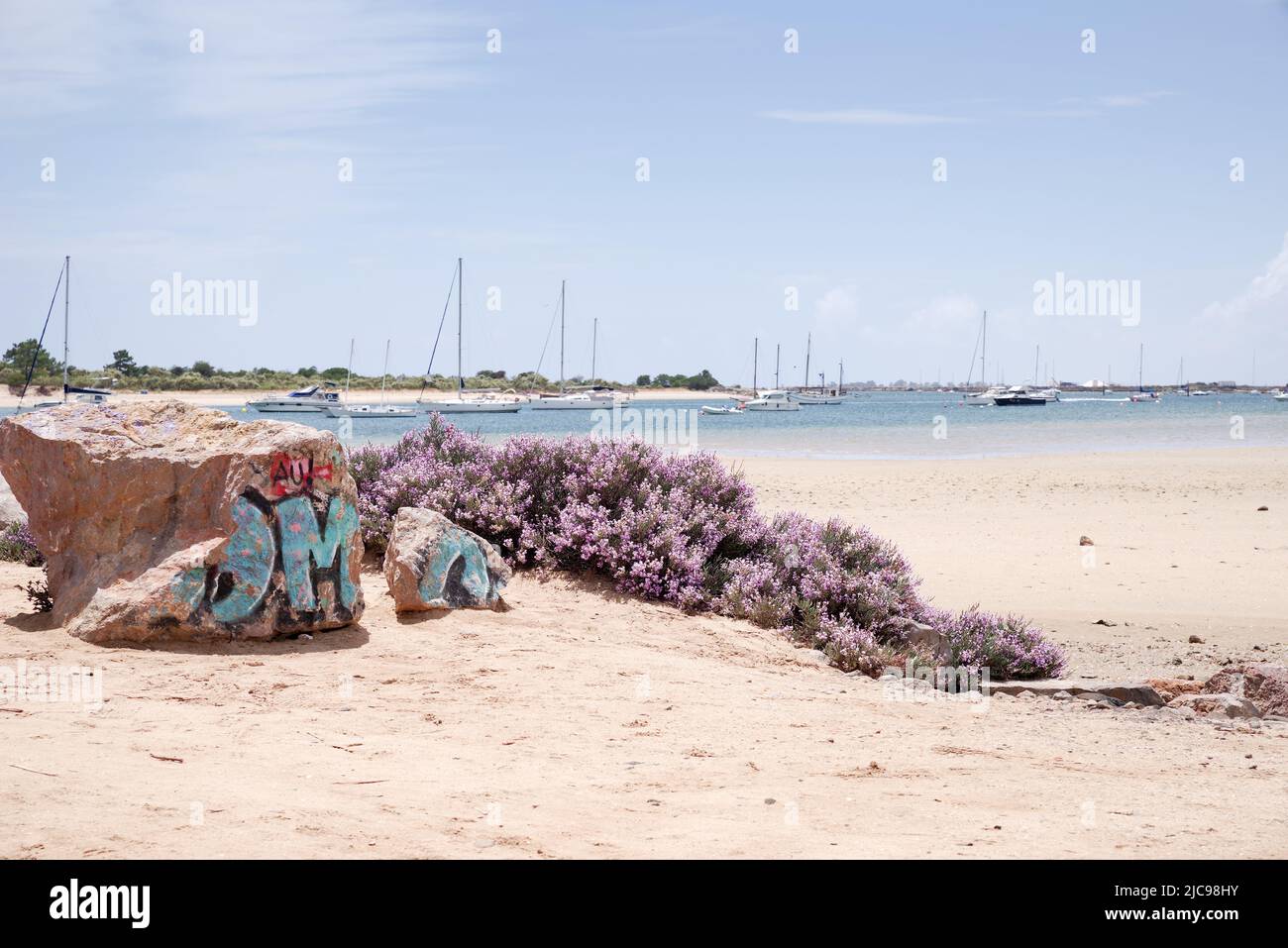 Praia dos Tesos, con su costa protegida y aguas poco profundas, es perfecta para disfrutar de una experiencia de playa fuera de las zonas turísticas: Tavira, Algarve, Portugal Foto de stock