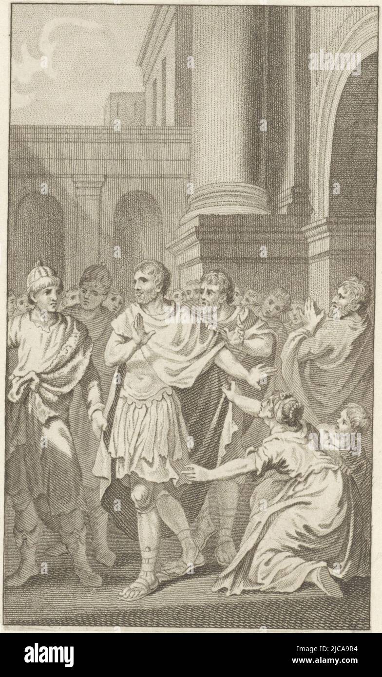 El comandante del ejército romano Regulus, fiel a su palabra dada, regresa al enemigo Cartago después de aconsejar al Senado romano que no negocie con los cartagineses allí un martirio le esperará, Marcus Atilius Regulus sale de Roma Regulus fiel a su juramento , impresor: Ludwig Gottlieb Portman, dibujante intermediario: Jacobus buys, Amsterdam, 1794, papel, grabado, alt. 213 mm x anch. 122 mm Foto de stock