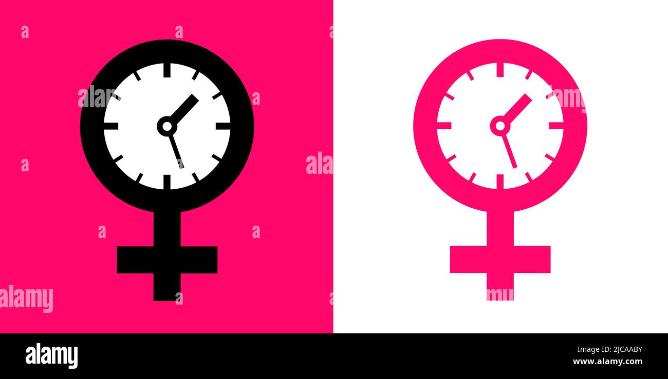 Reloj biológico - símbolo de mujer y sexo femenino y símbolo de sexo, signo y pictograma con relojes. Metáfora del envejecimiento / envejecimiento y consecuencias - hombres Foto de stock
