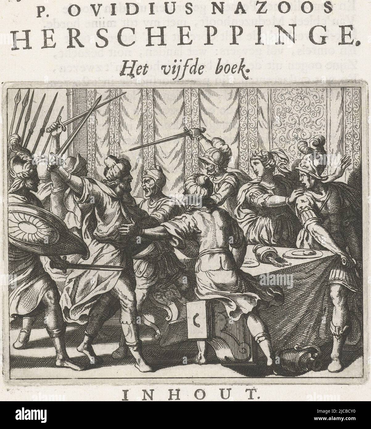 Página de un libro con texto sobre recto y verso, y una imagen al principio del libro 5 La fiesta de bodas de Perseo y Andrómeda es interrumpida por Fineo, un amante de Andrómeda, Y sus amigos finalmente, Fineo y sus hombres se convierten en piedra, Fineo interrumpe la boda de Perseo y Andrómeda Resurrections por Publio Ovidio Naso , imprenta: Abraham Bloteling, (atribuido a), Antonio Tempesta, editor: weduwe Abraham de Wees (I), Amsterdam, 1671, papel, grabado, alt. 100 mm x anch. 120 mm, alt. 195 mm x anch. 150 mm Foto de stock