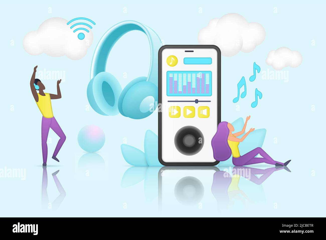 Música en línea, publicidad en radio y aplicaciones móviles para buscar y  descargar sonido mp3. Felices personas diminutos bailan y escuchan música a  través de Smartphone y auriculares ilustración vectorial. Concepto de