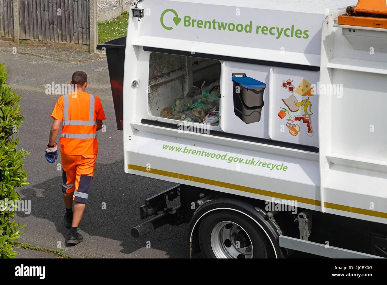 Conductor de camiones de reciclaje de alimentos con ropa de trabajo de alta visibilidad y puerta deslizante abierta Brentwood Council recogida de cadáveres de residuos Lorry Essex England UK Foto de stock