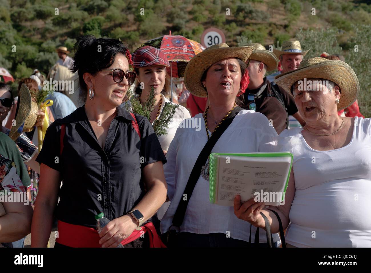 Los aldeanos del pueblo Comares que participan en su romería anual o peregrinaje en la región de Axarquía en Málaga, Andalucía, España Foto de stock